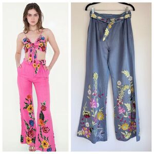 NEW La Fuori Linen-Silk Embroidered Beaded Sequin Wide Leg Pants in Slate Blue M